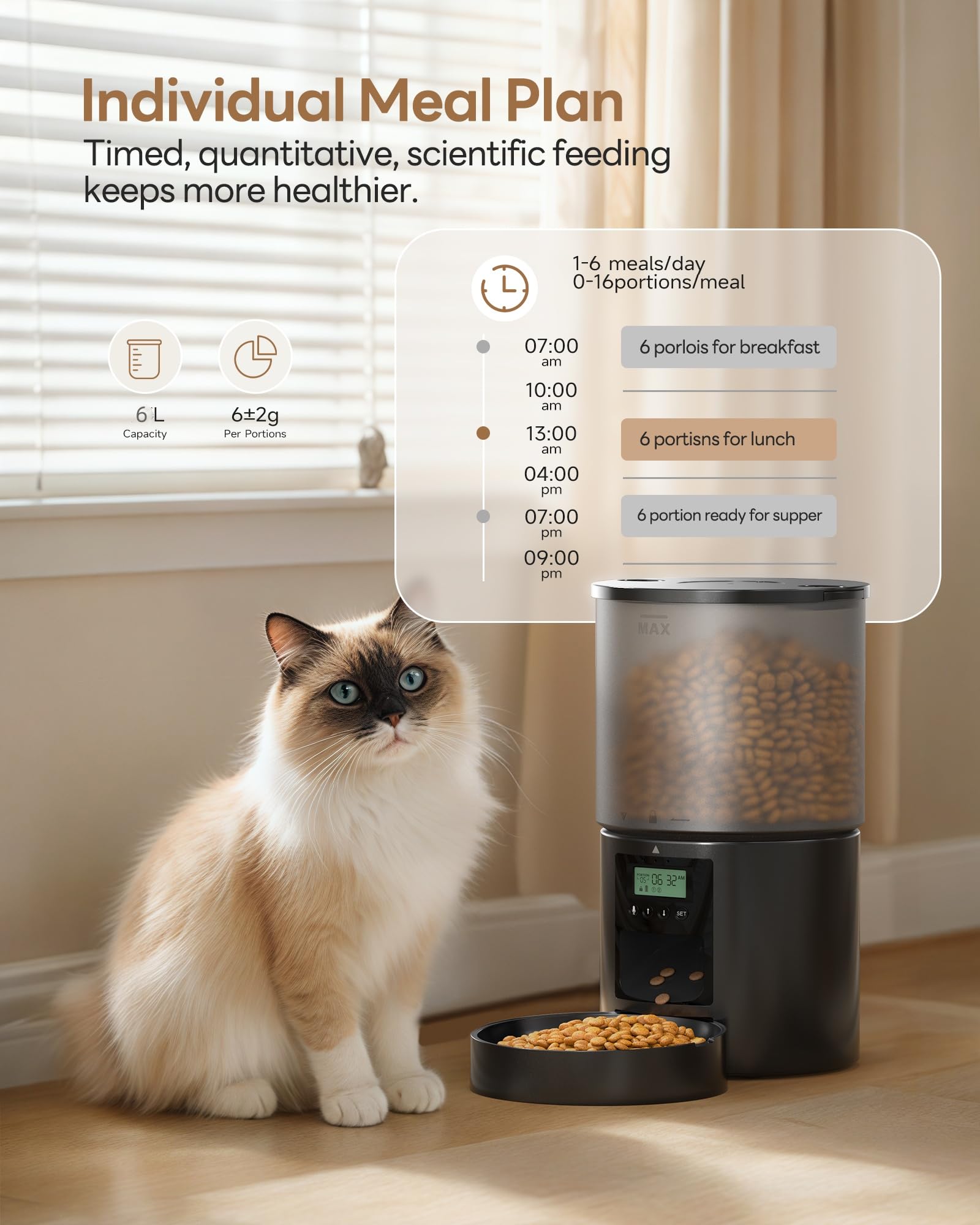 POOEKEN cat feeder daily schedule view illustrating 1-6 meals per day.