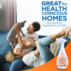 POOPH Kitty Spray application-closeup emphasizes fragrance-free scent and pet-safe use around furniture.