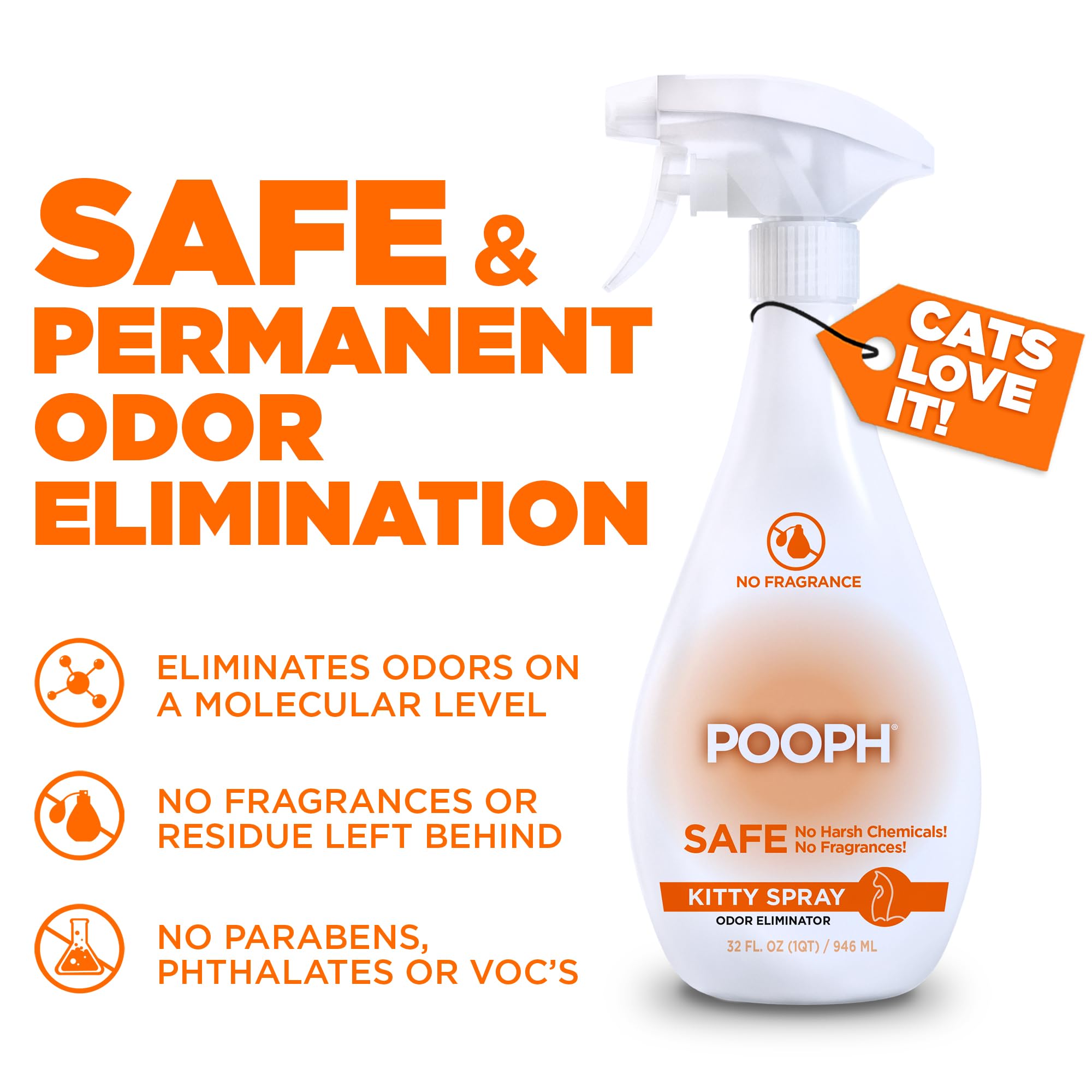 POOPH Kitty Spray odor-elimination action closeup demonstrates rapid odor neutralization around litter areas.
