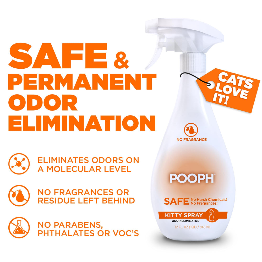 POOPH Kitty Spray odor-elimination action closeup demonstrates rapid odor neutralization around litter areas.