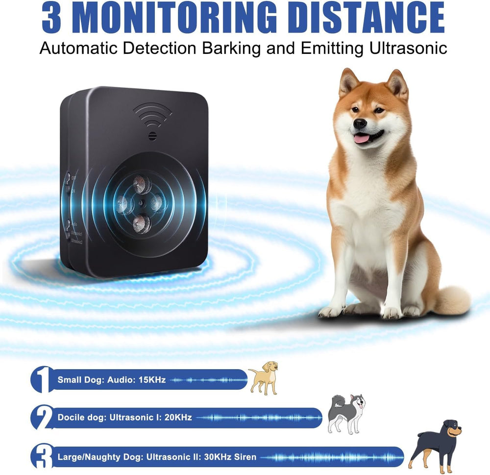 Poosejzl anti-barking device mounted outdoors with IPX45 waterproof rating.