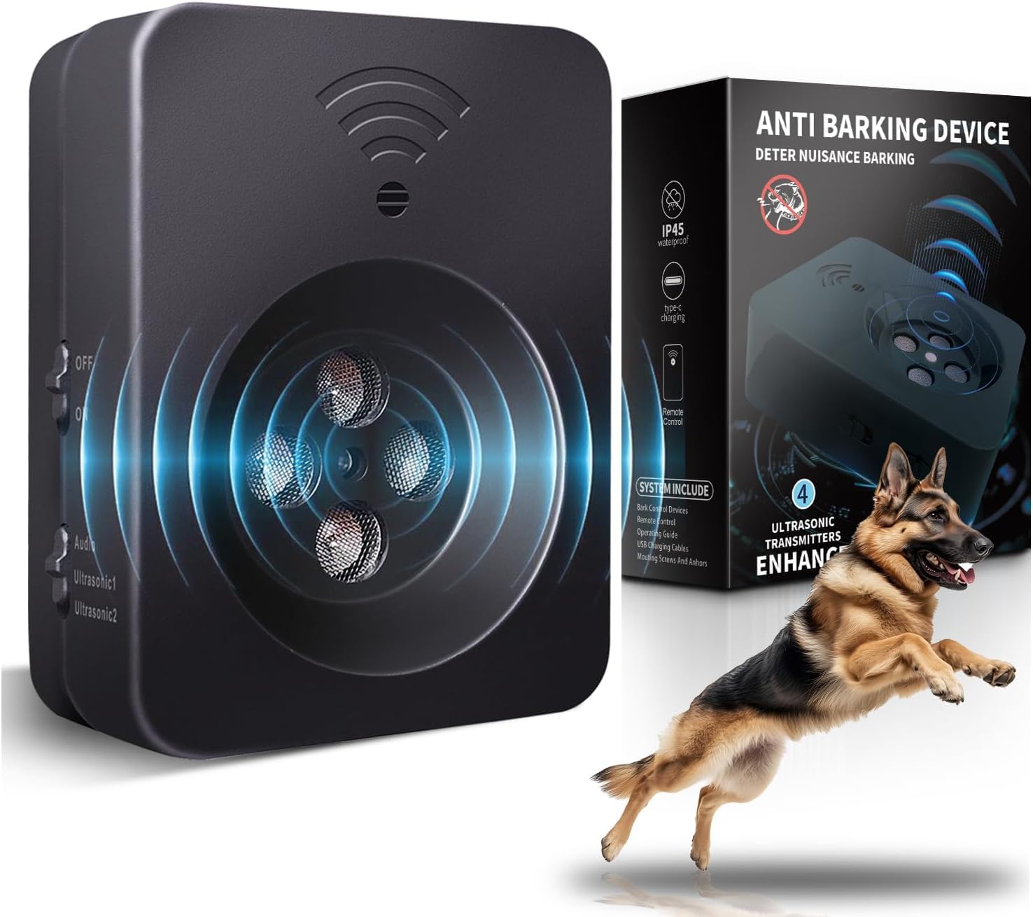 Poosejzl anti-barking device mounted outdoors for 50ft bark control.