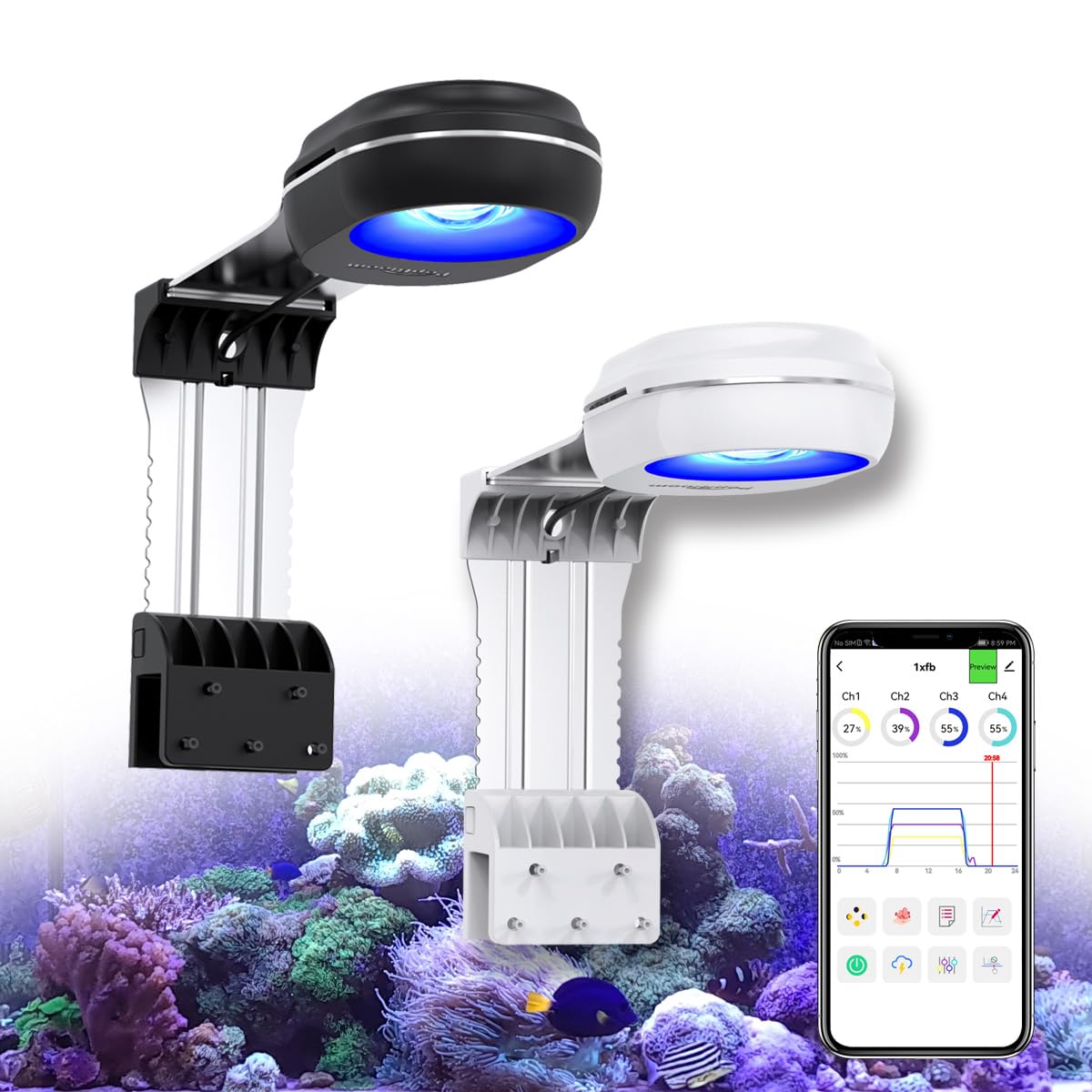 PopBloom RL60 full-spectrum reef light demonstrates broad spectrum support for coral growth and color.