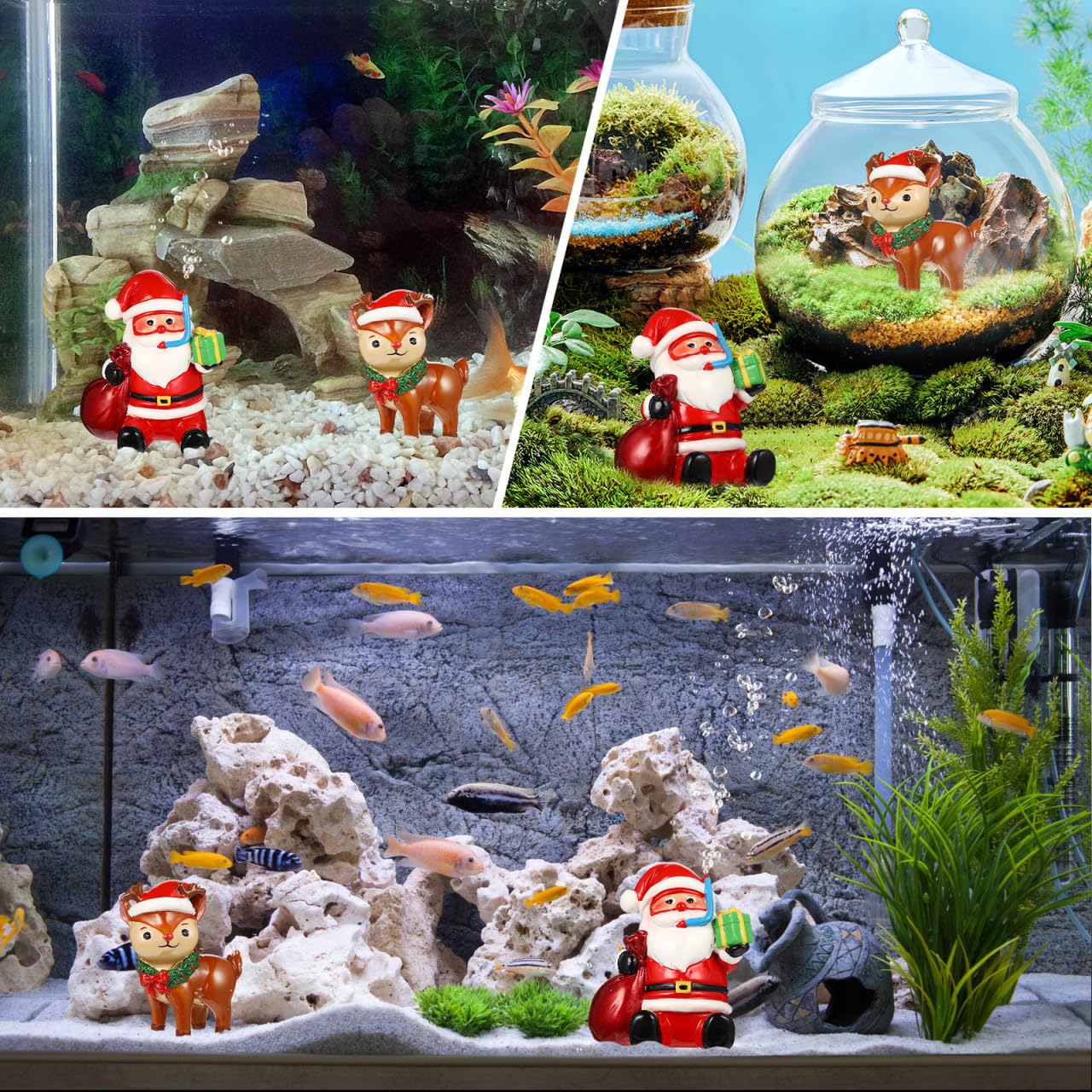 POPETPOP Santa and reindeer figures create festive desktop or tank centerpiece.