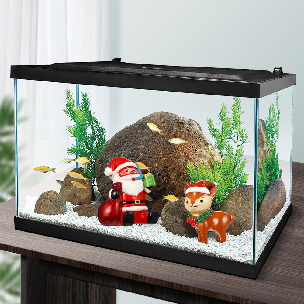 POPETPOP bright ornaments add character to holiday aquarium landscaping.