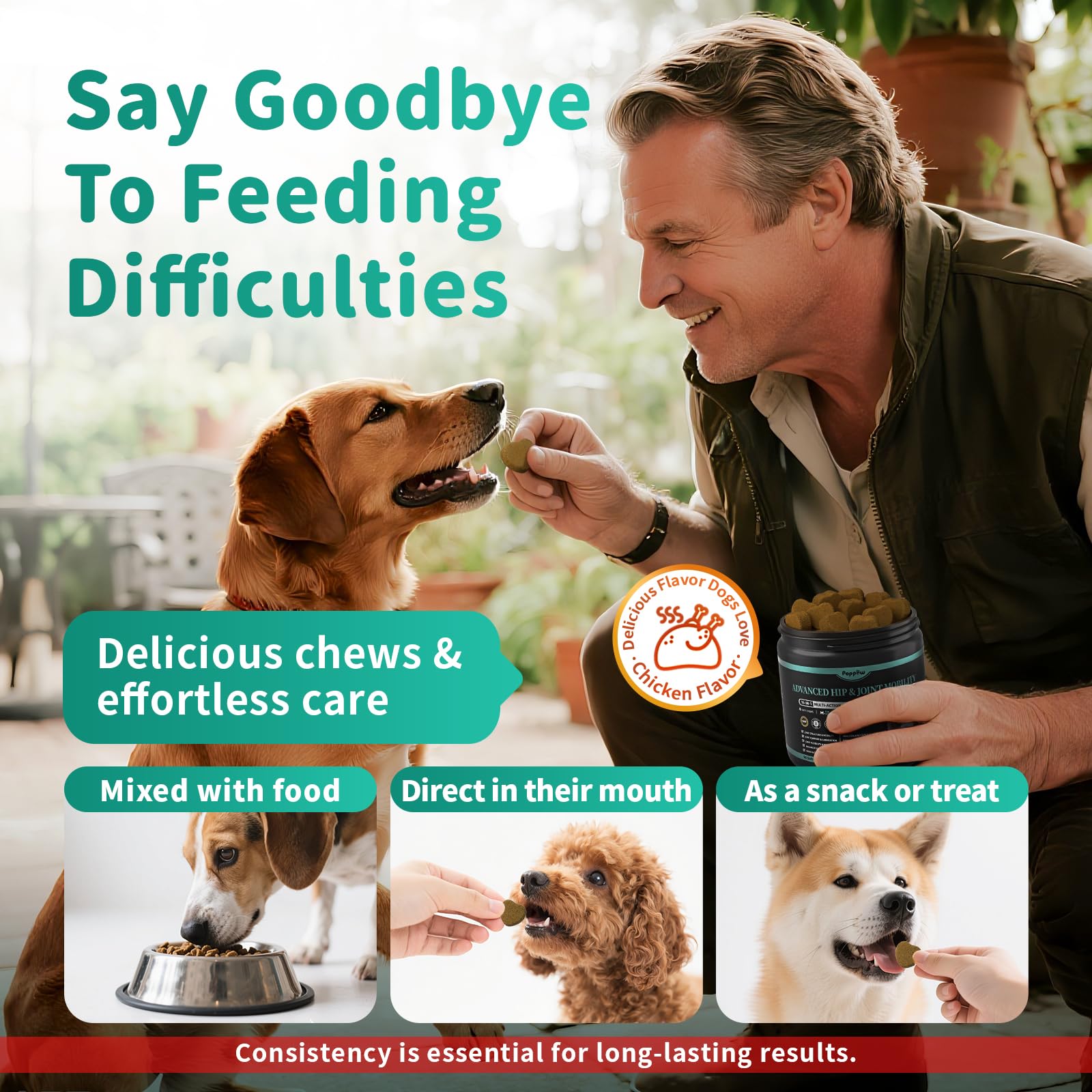 POPPAW dosing scoop beside chews suggests simple daily serving routine