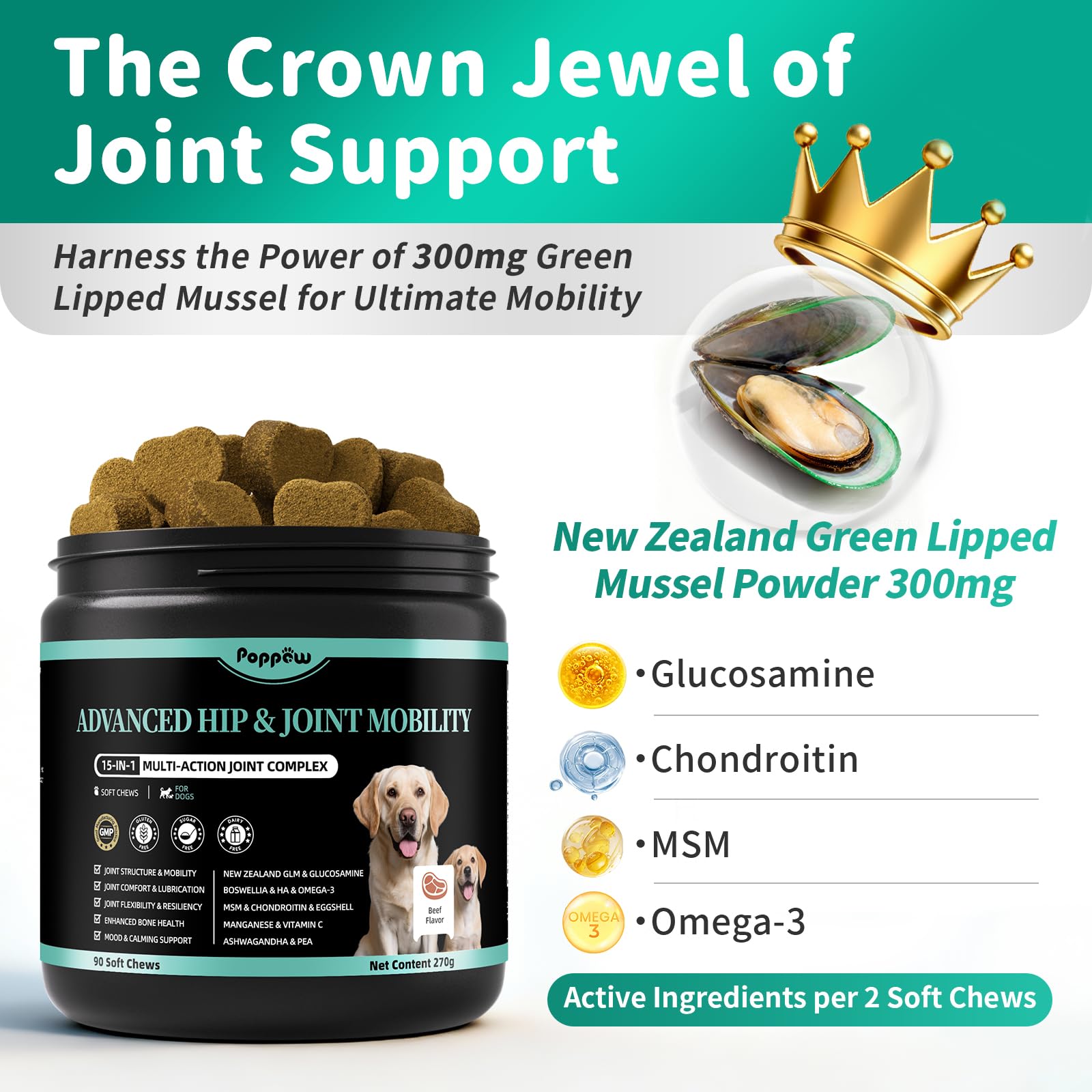 POPPAW chicken-flavored chews support flexible movement for all breeds