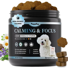POPPAW Calming Chews bottle closeup promotes daytime calm and focus.