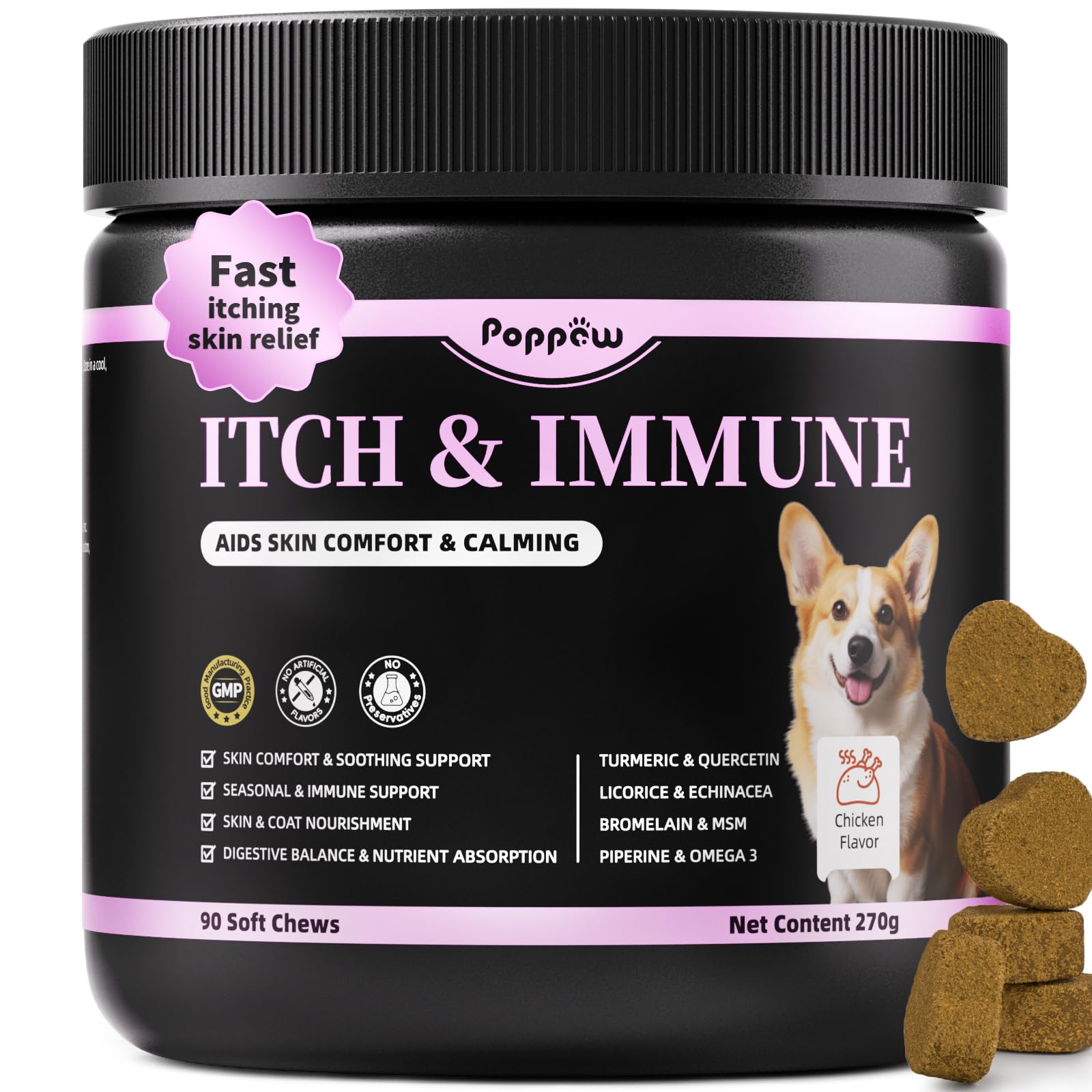 Poppaw dog allergy chews turmeric bottle closeup highlighting skin comfort support