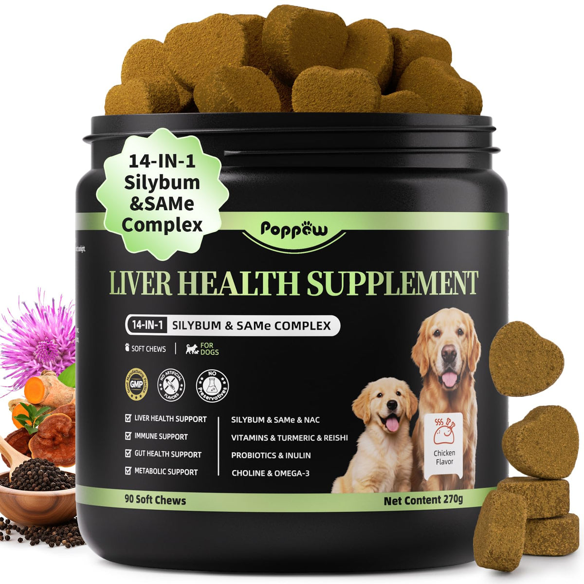 POPPAW dog liver support chews bottle with Milk Thistle promoting vitality.