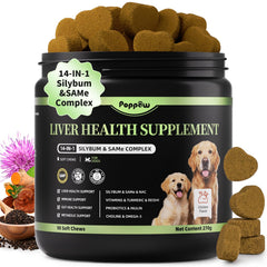 POPPAW dog liver support chews bottle with Milk Thistle promoting vitality.