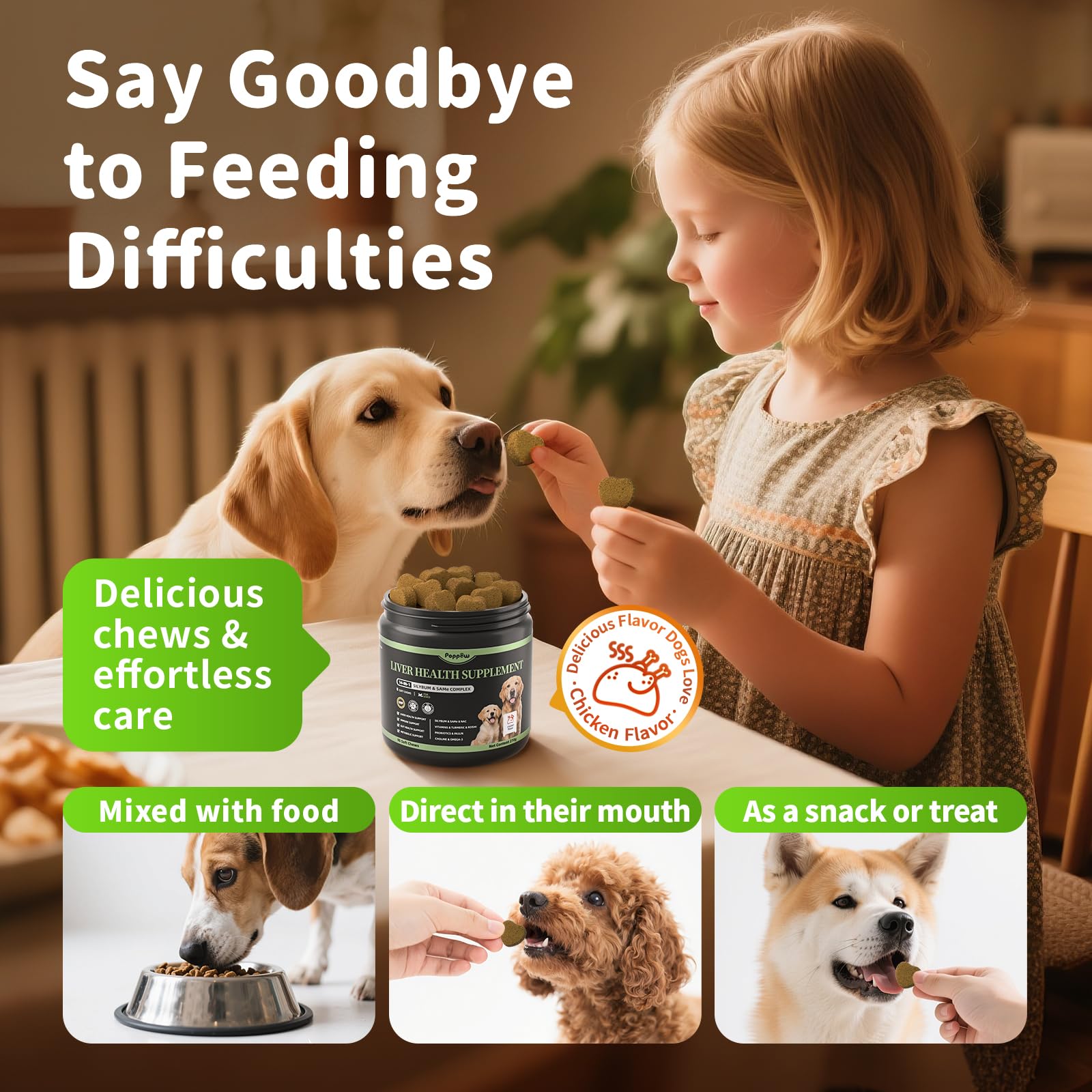 POPPAW dog liver support chews suitable for puppies to seniors.