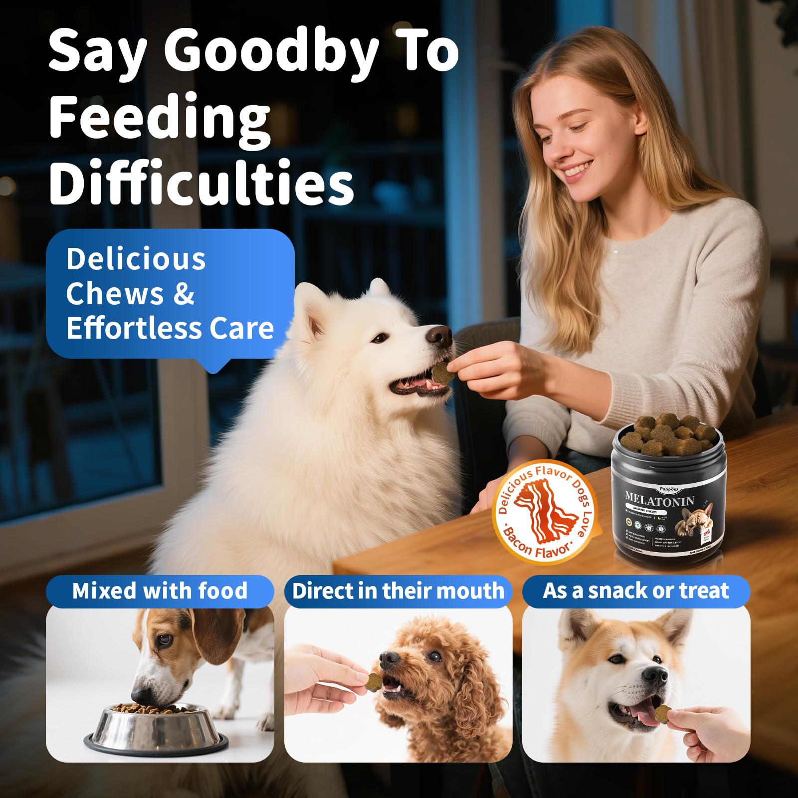 POPPAW Dog Melatonin Chews suitable for puppies and adults during nightly routines