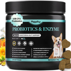 POPPAW dog probiotics bottle with chews for gut support and immune balance.