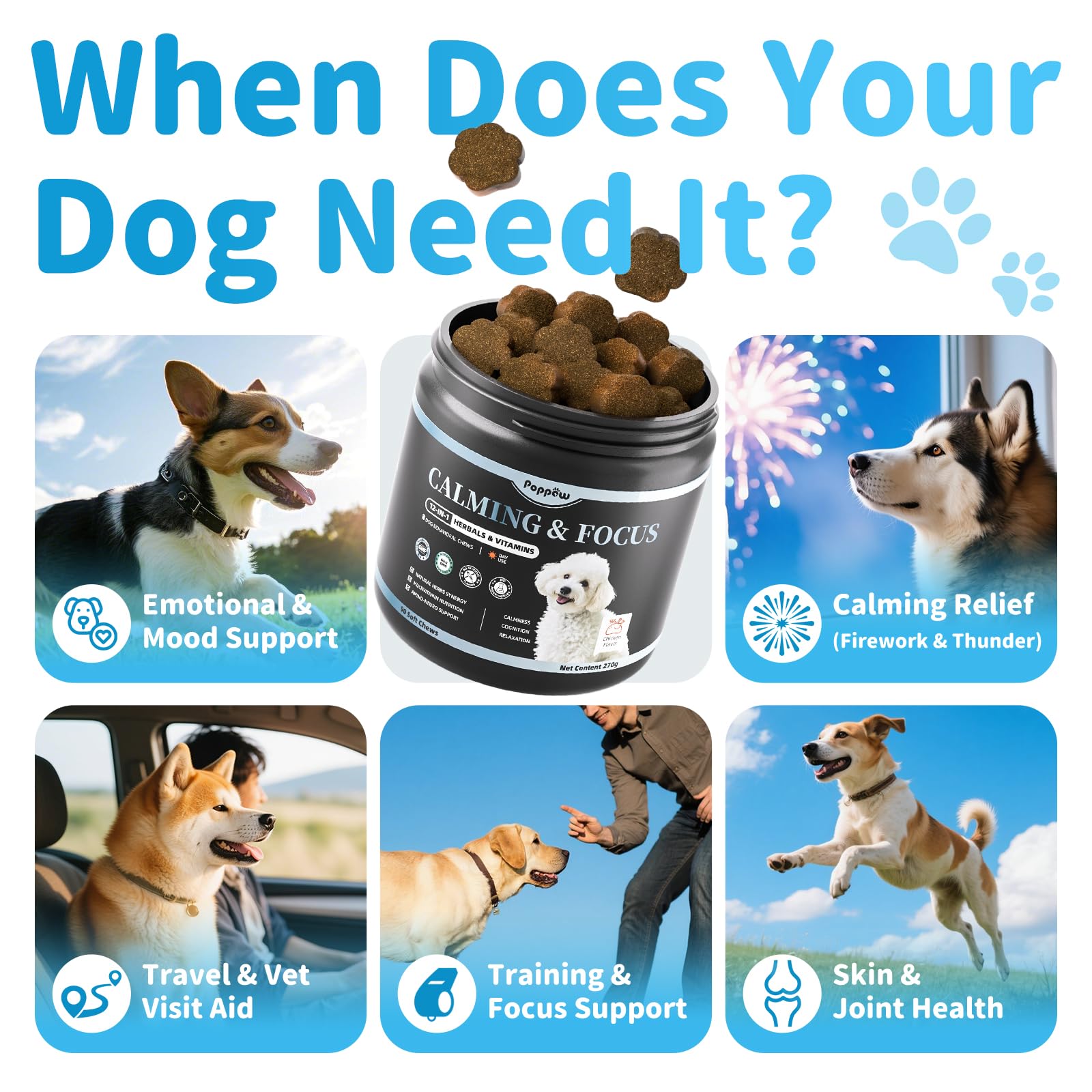 POPPAW Calming Chews ingredients chamomile ashwagandha support emotional balance.