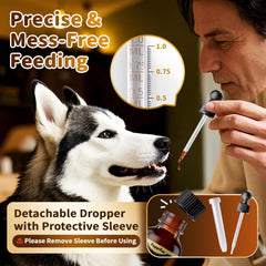 POPPAW nighttime melatonin drops bottle supports dog sleep after busy days.
