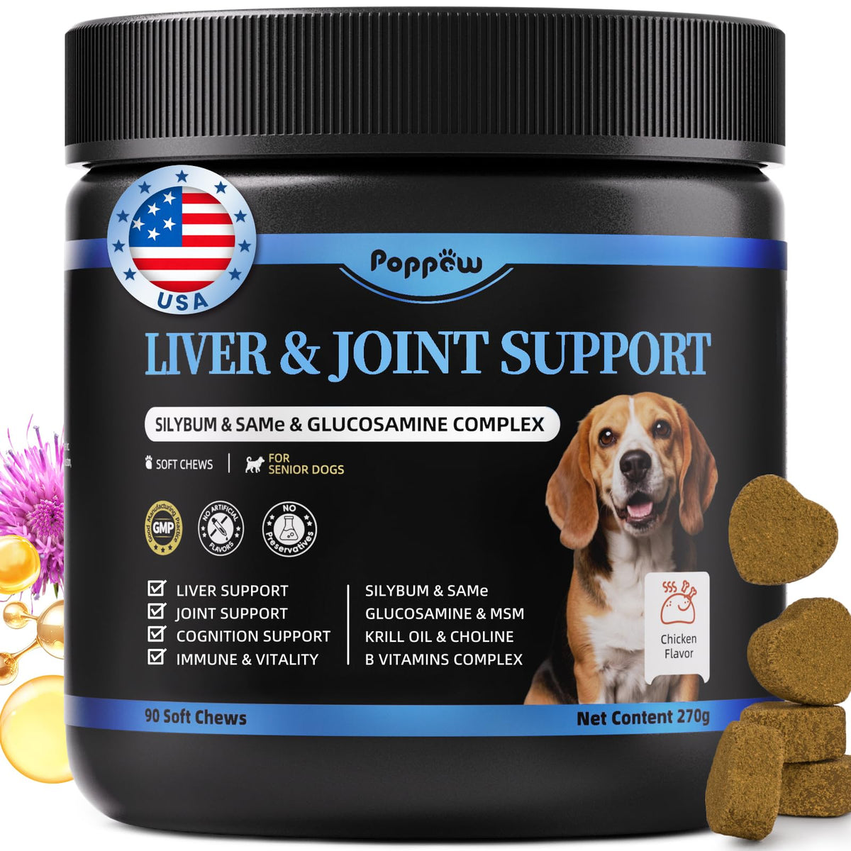 POPPAW senior dog supplement bottle highlighting liver and joint support for aging dogs