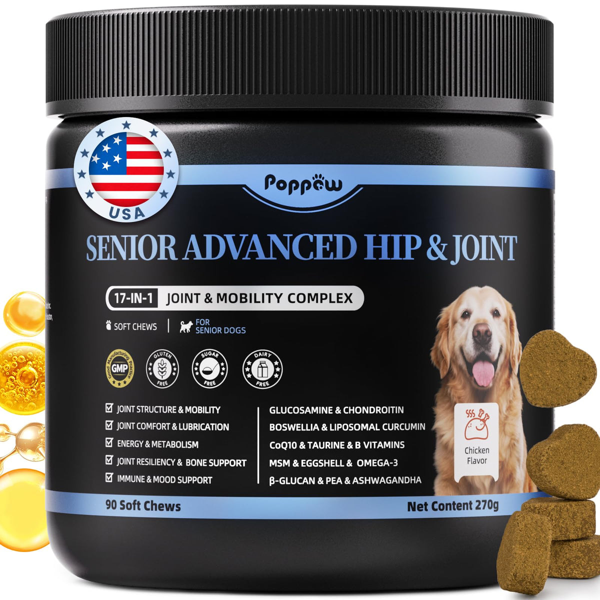 POPPAW senior joint supplement bottle promoting mobility support for dogs.