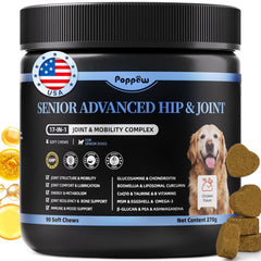 POPPAW senior joint supplement bottle promoting mobility support for dogs.