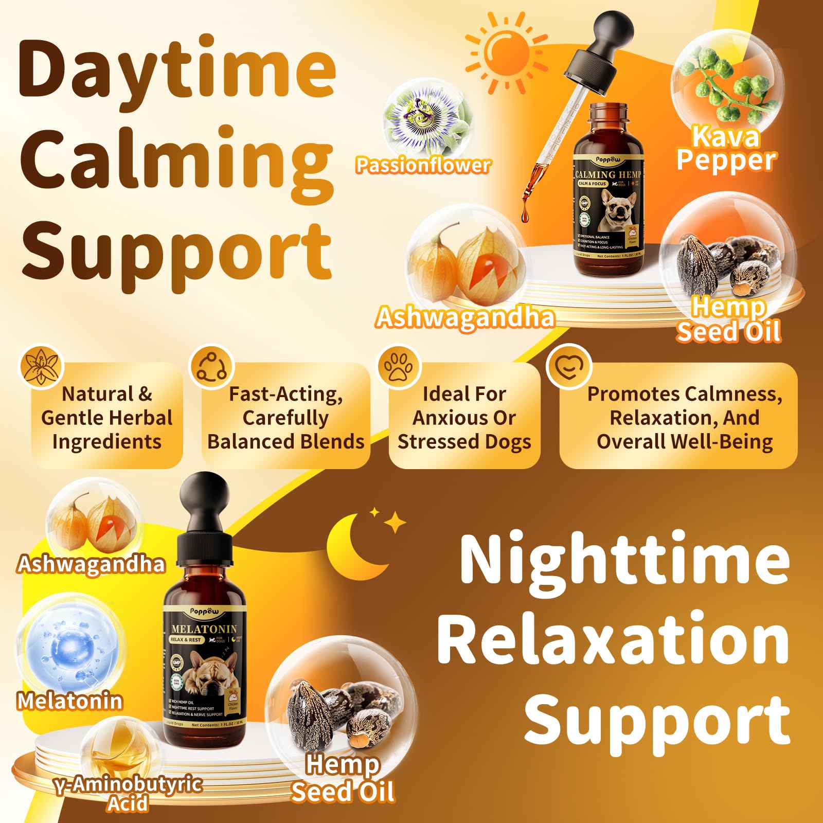 POPPAW valerian-ashwagandha-drops bottle offers calm during grooming or vet visits.