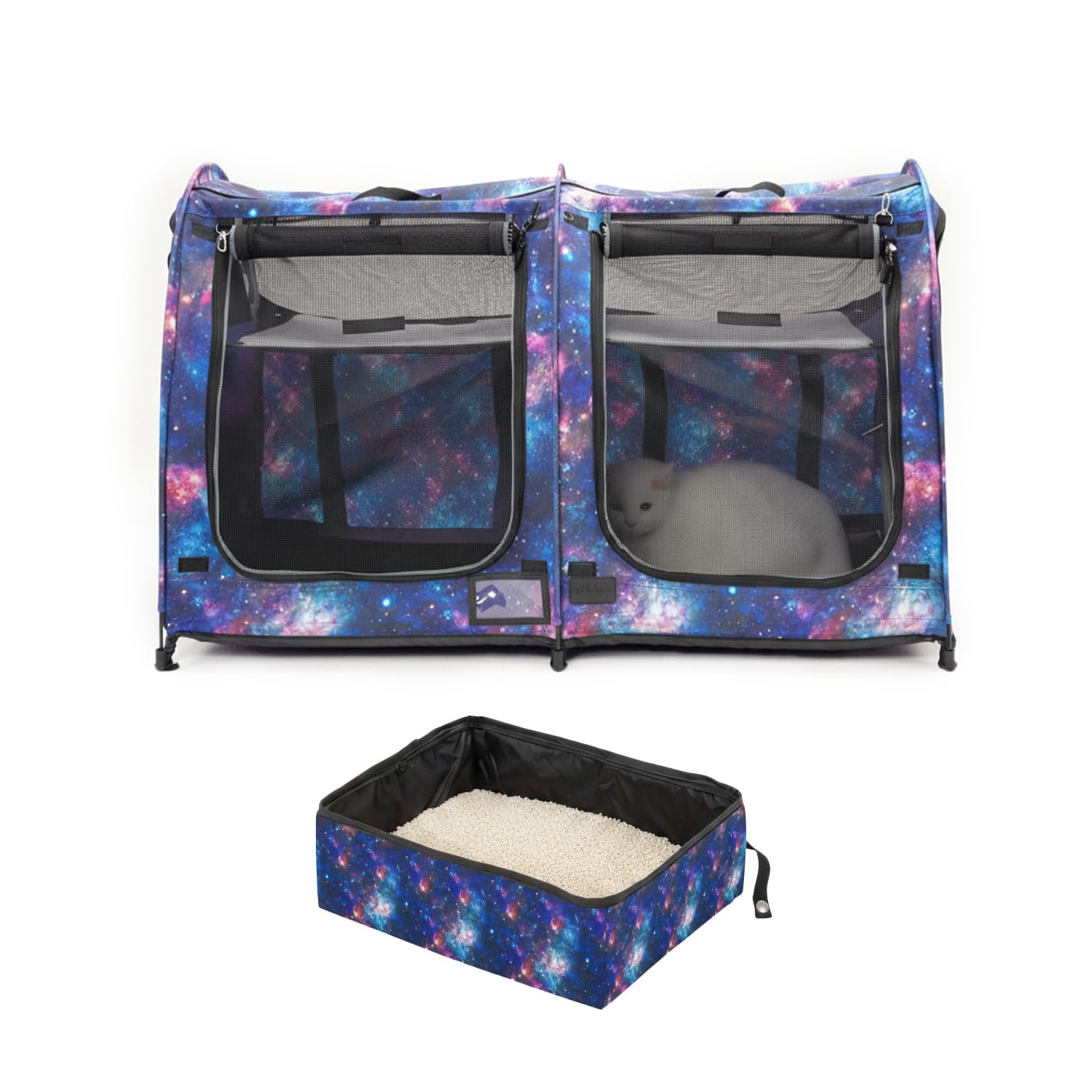 Porayhut Mispace twin compartment cat cage folded for easy travel portability.