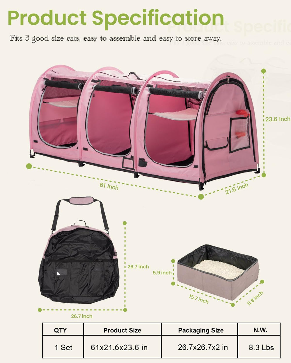 Porayhut portable three-compartment cat cage interior layout offers roomy zones for rest and play