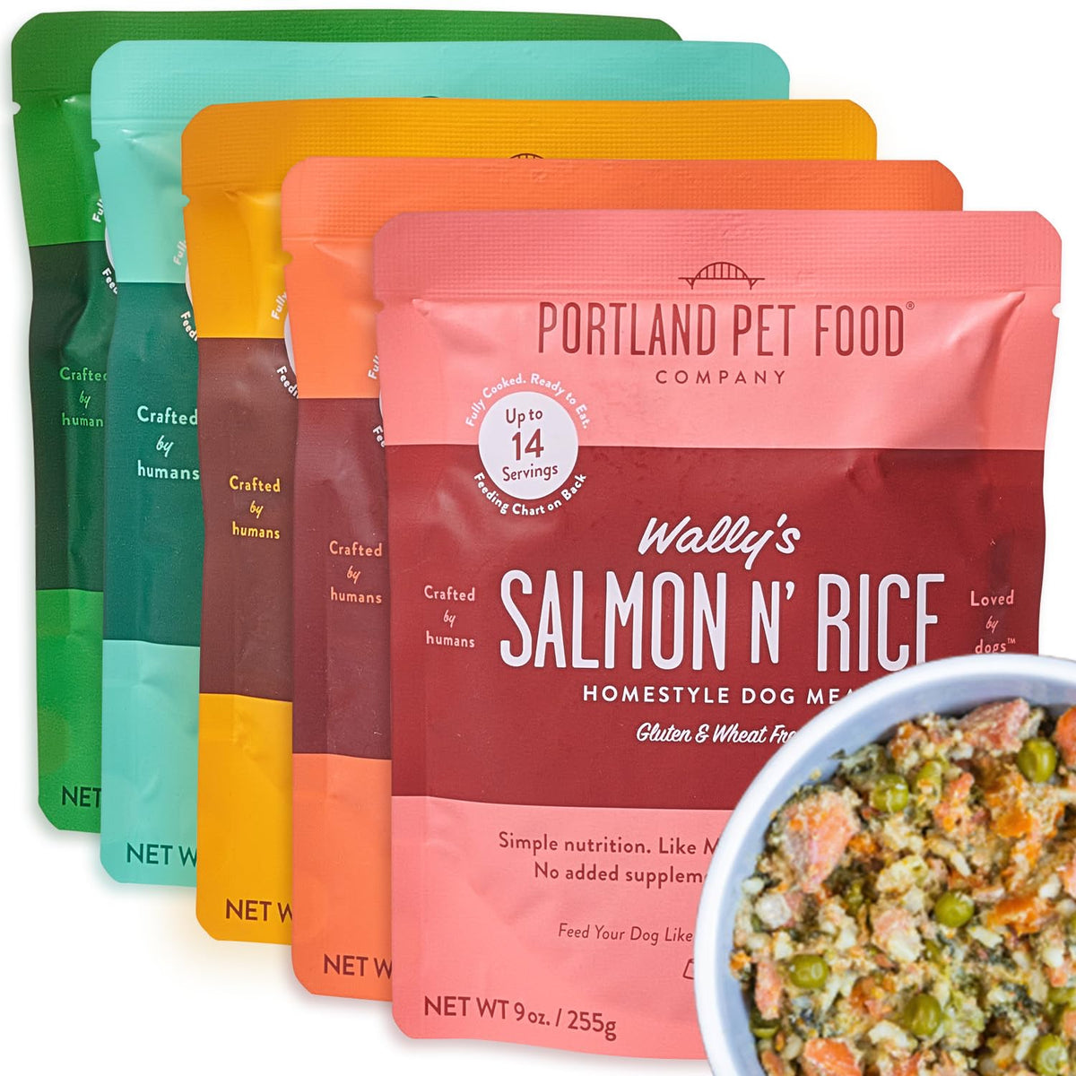 Portland Pet Food Company fresh dog food pouches front view.