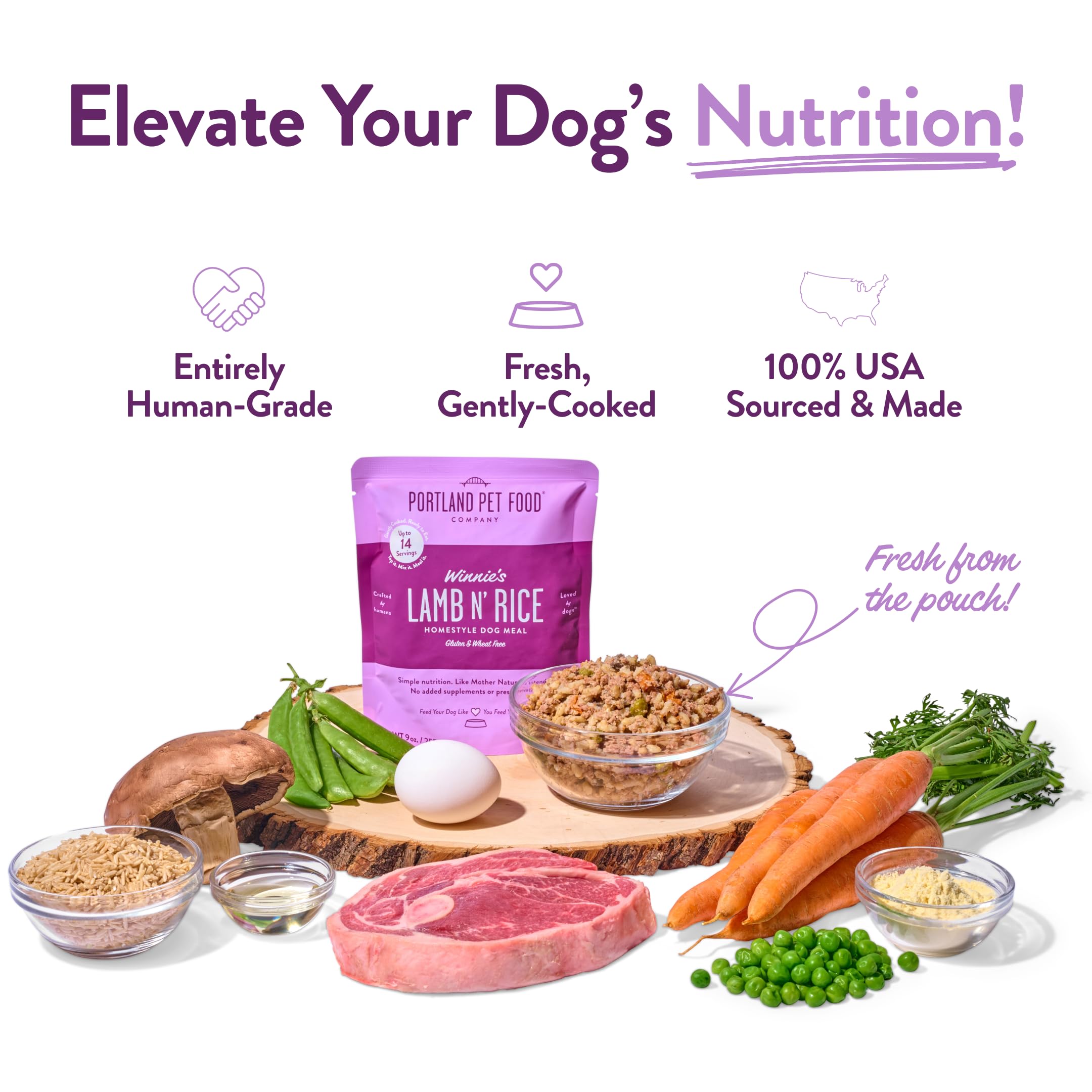 Portland Pet Food Company Winnie's Lamb N' Rice packaging micro-safe feature for quick warming.