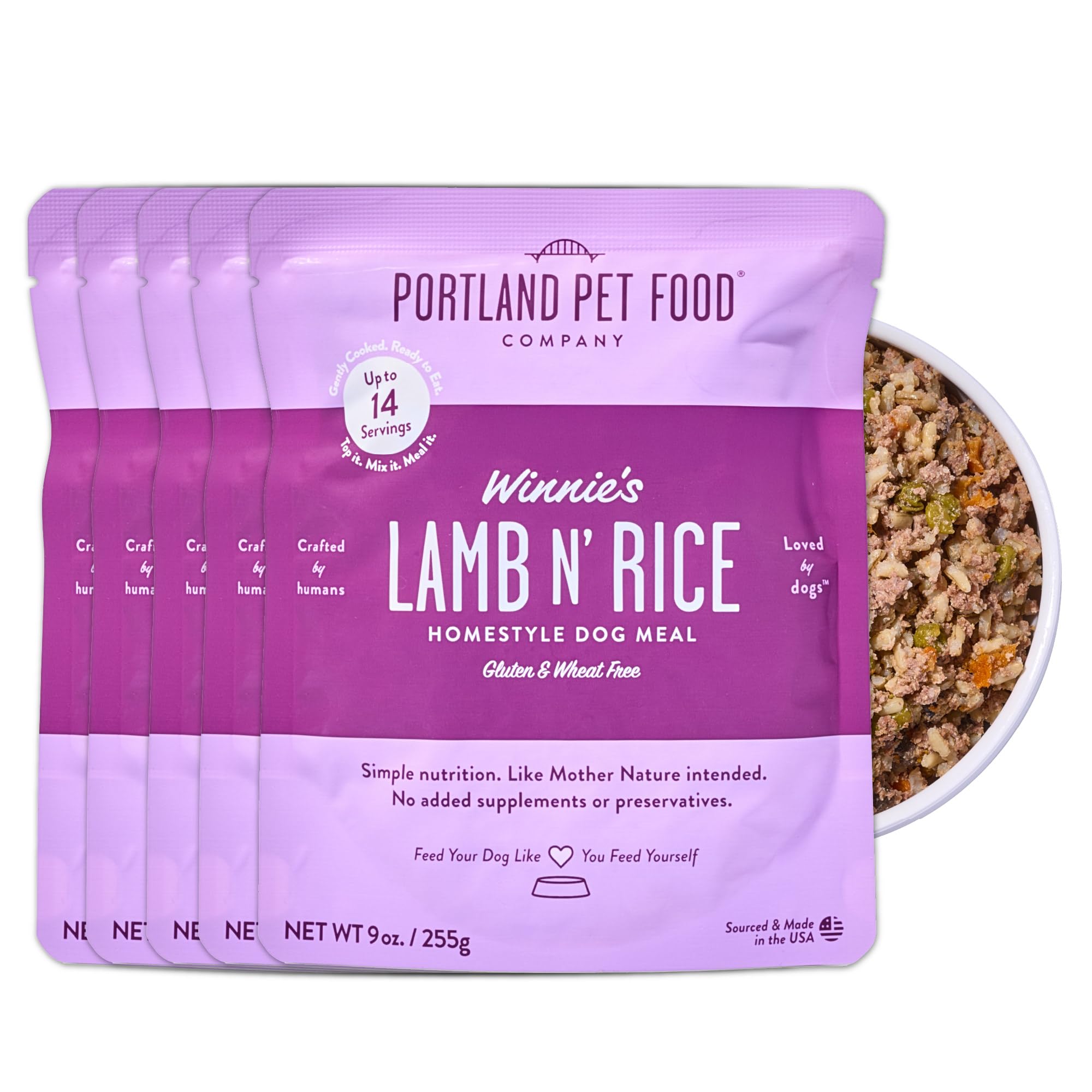 Portland Pet Food Company Winnie's Lamb N' Rice pouch closeup shows human-grade ingredients.