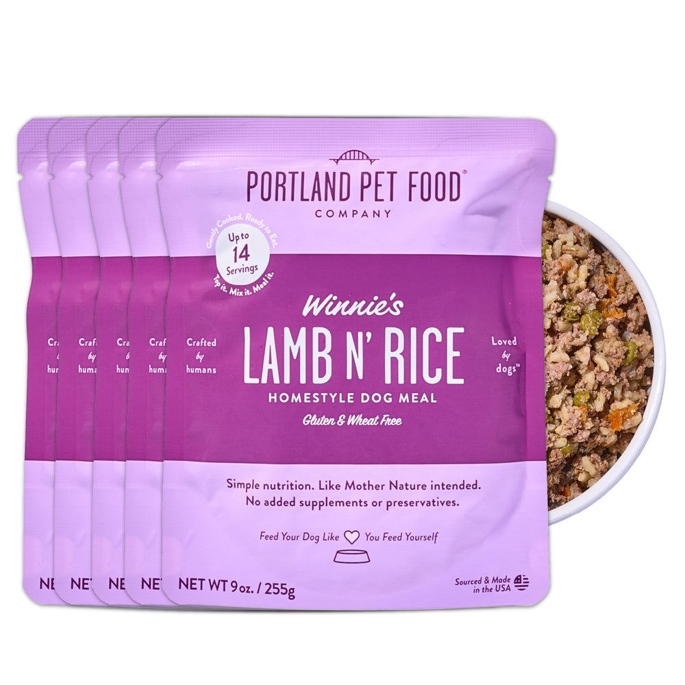 Portland Pet Food Company Winnie's Lamb N' Rice pouch closeup shows human-grade ingredients.