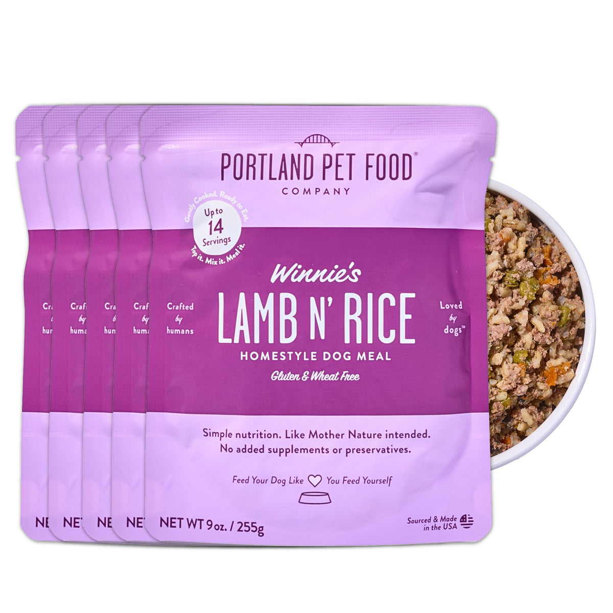 Portland Pet Food Company Winnie's Lamb N' Rice pouch closeup shows human-grade ingredients.