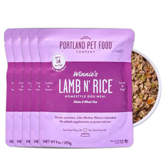 Portland Pet Food Company Winnie's Lamb N' Rice pouch closeup shows human-grade ingredients.