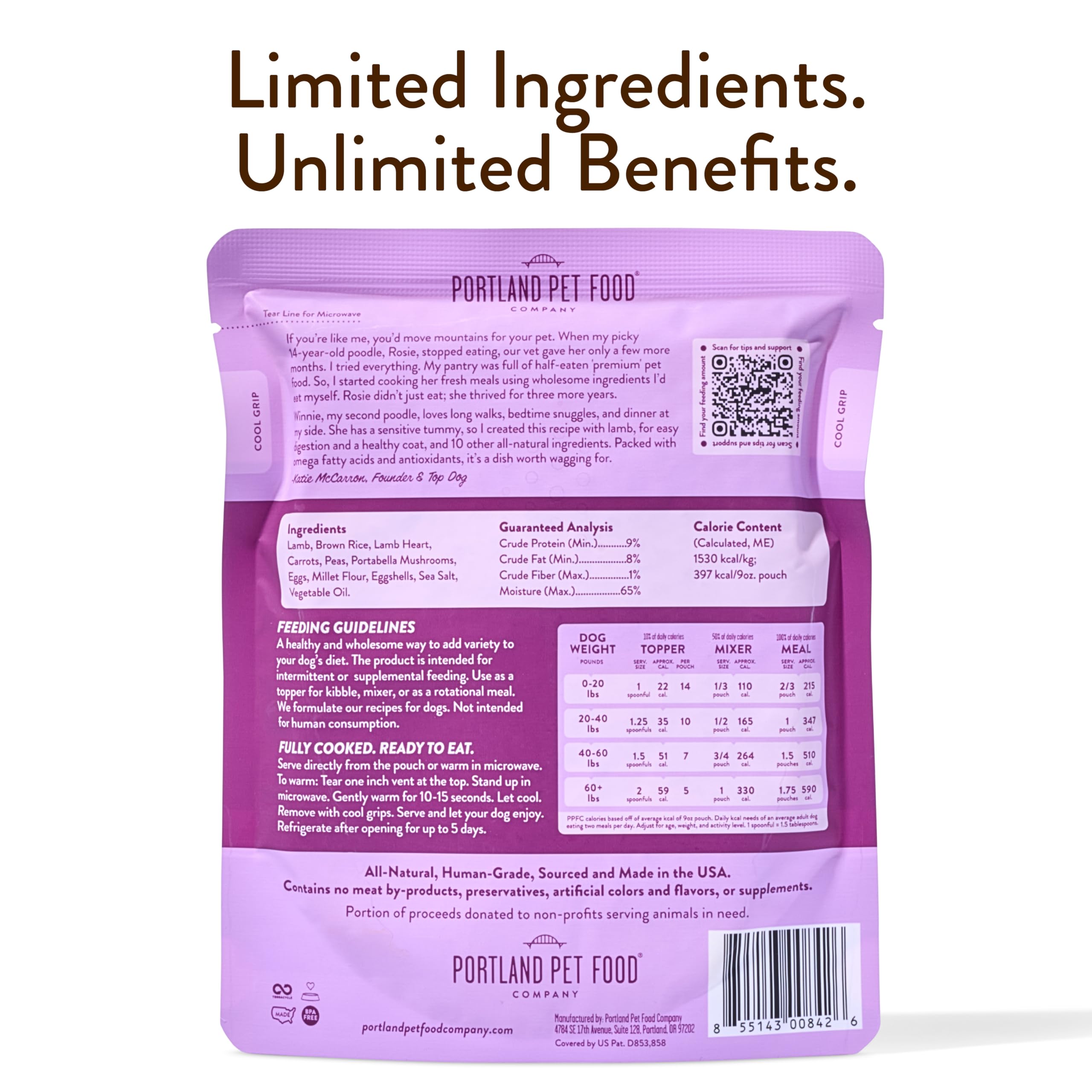 Portland Pet Food Company Winnie's Lamb N' Rice serving shot highlights ready-to-serve meal.