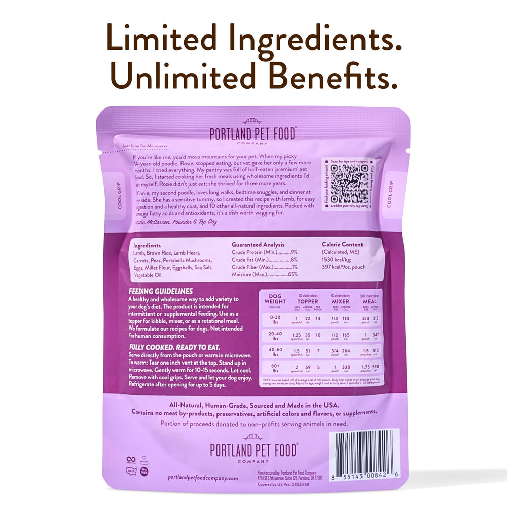 Portland Pet Food Company Winnie's Lamb N' Rice serving shot highlights ready-to-serve meal.