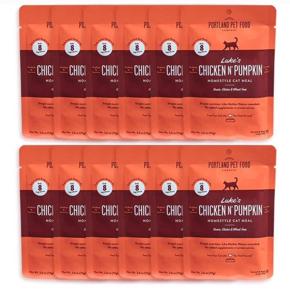 Portland Pet Food Luke's Chicken N' Pumpkin pouch close-up showing moist, protein-forward cat meal.
