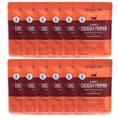 Portland Pet Food Luke's Chicken N' Pumpkin pouch close-up showing moist, protein-forward cat meal.