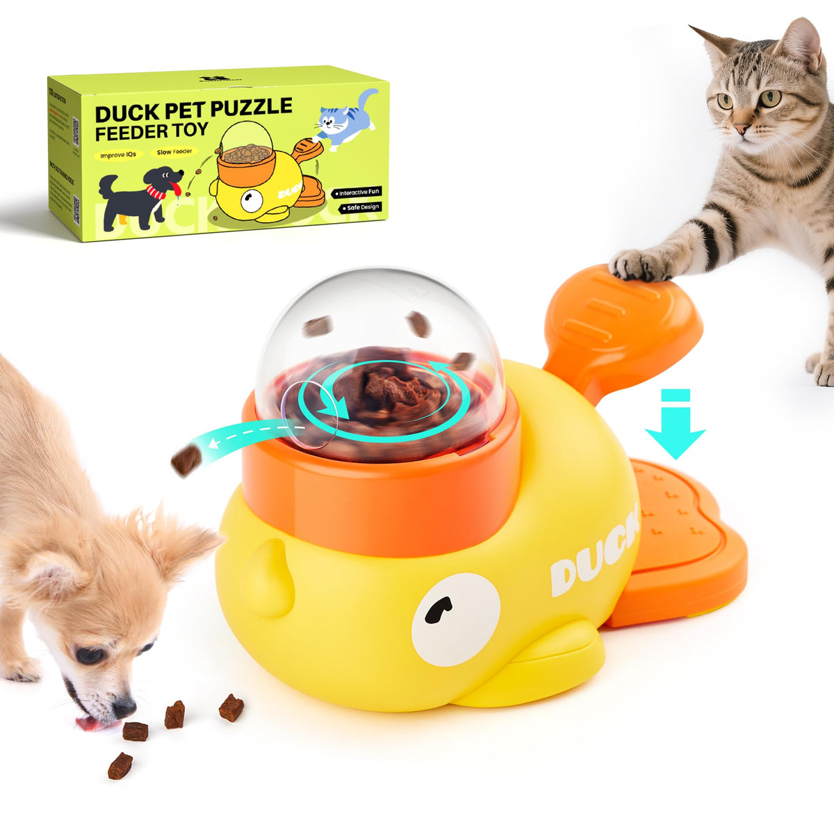 Potaroma cat puzzle dispenser duck-shaped toy with three lids for adjustable treat dispensing.