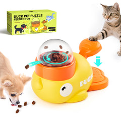 Potaroma cat puzzle dispenser duck-shaped toy with three lids for adjustable treat dispensing.