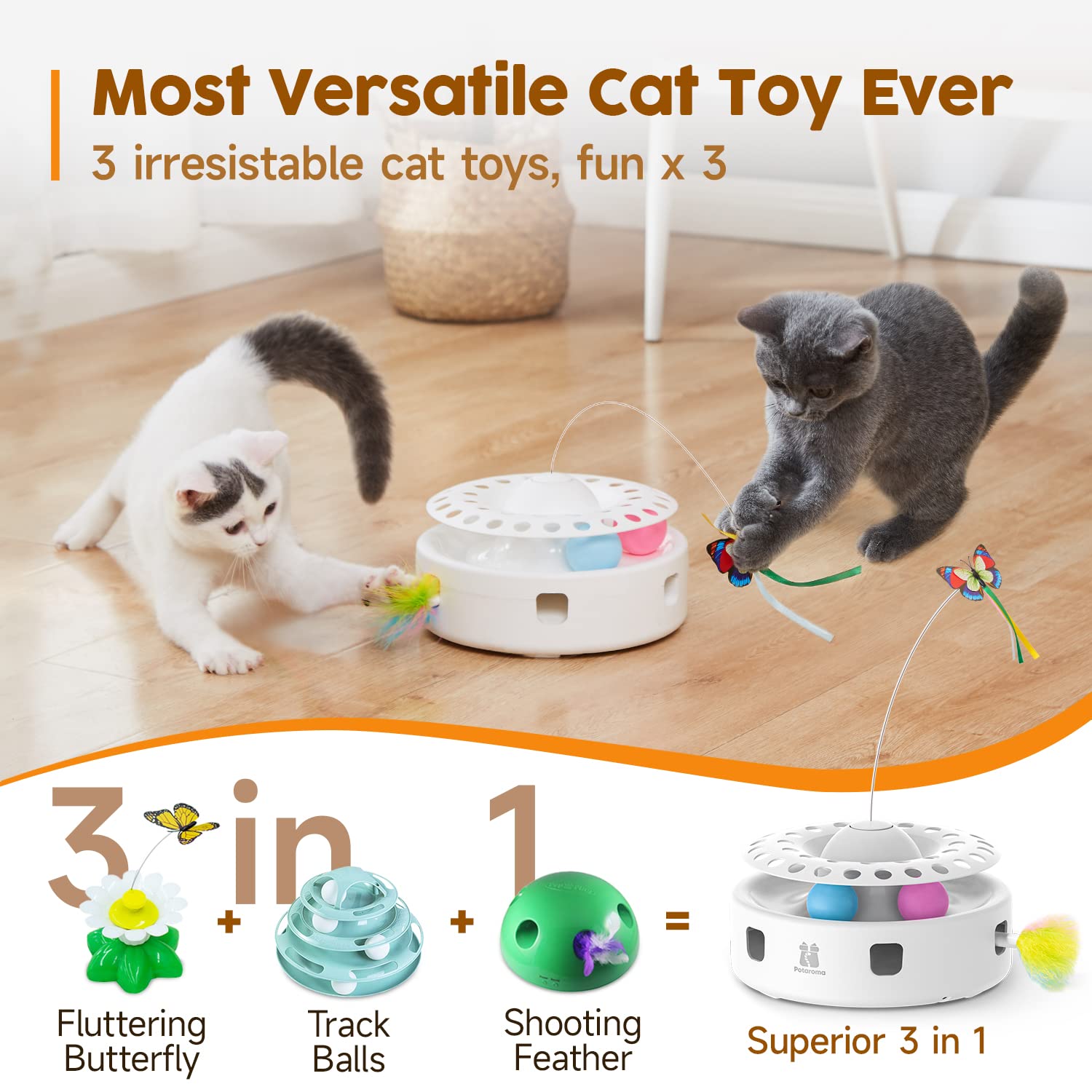 Potaroma 3in1 cat toy feather emerging for swat-and-chase play