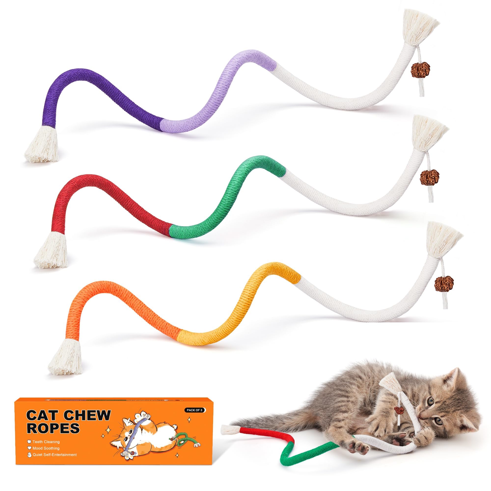 Potaroma cat toys chew ropes 3pcs show kittens chewing for teething and interactive play