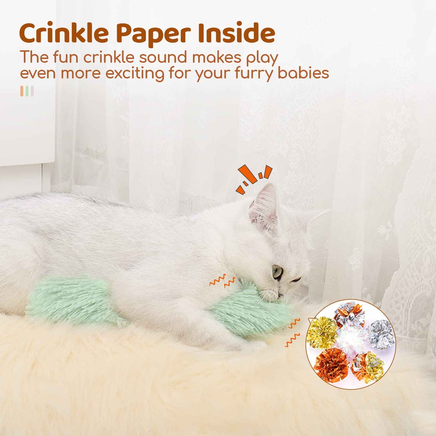 Potaroma cat toys pillows in bright green yellow violet color variants for visual appeal