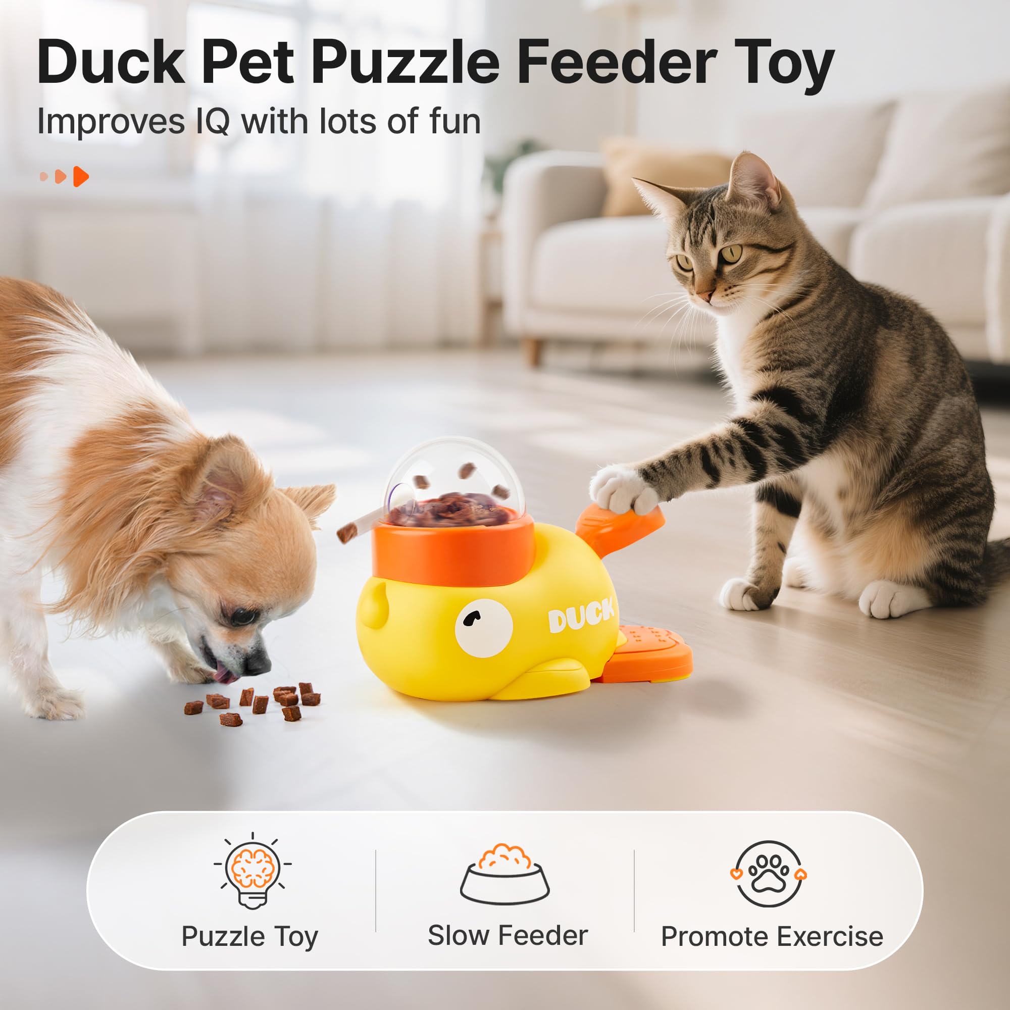 Potaroma duck feeder with clear lids shows different outlet sizes for cats and small dogs.