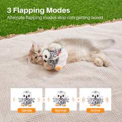 Potaroma flapping owl toy reveals catnip pouch for added cat appeal.