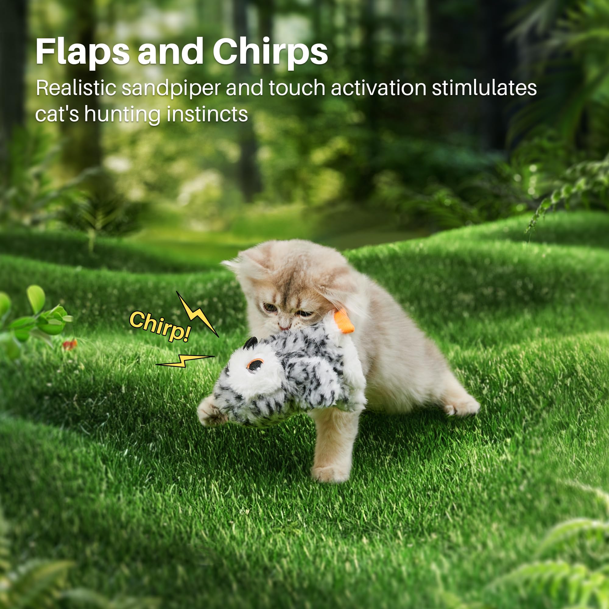 Potaroma flapping owl toy mid-action with chirp invites chase and exercise.