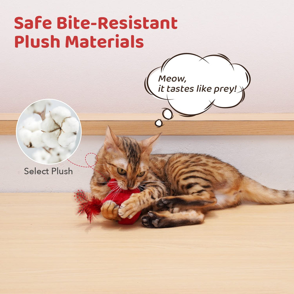 Potaroma interactive cat kicker toy demonstrates lifelike bird motion for exercise.