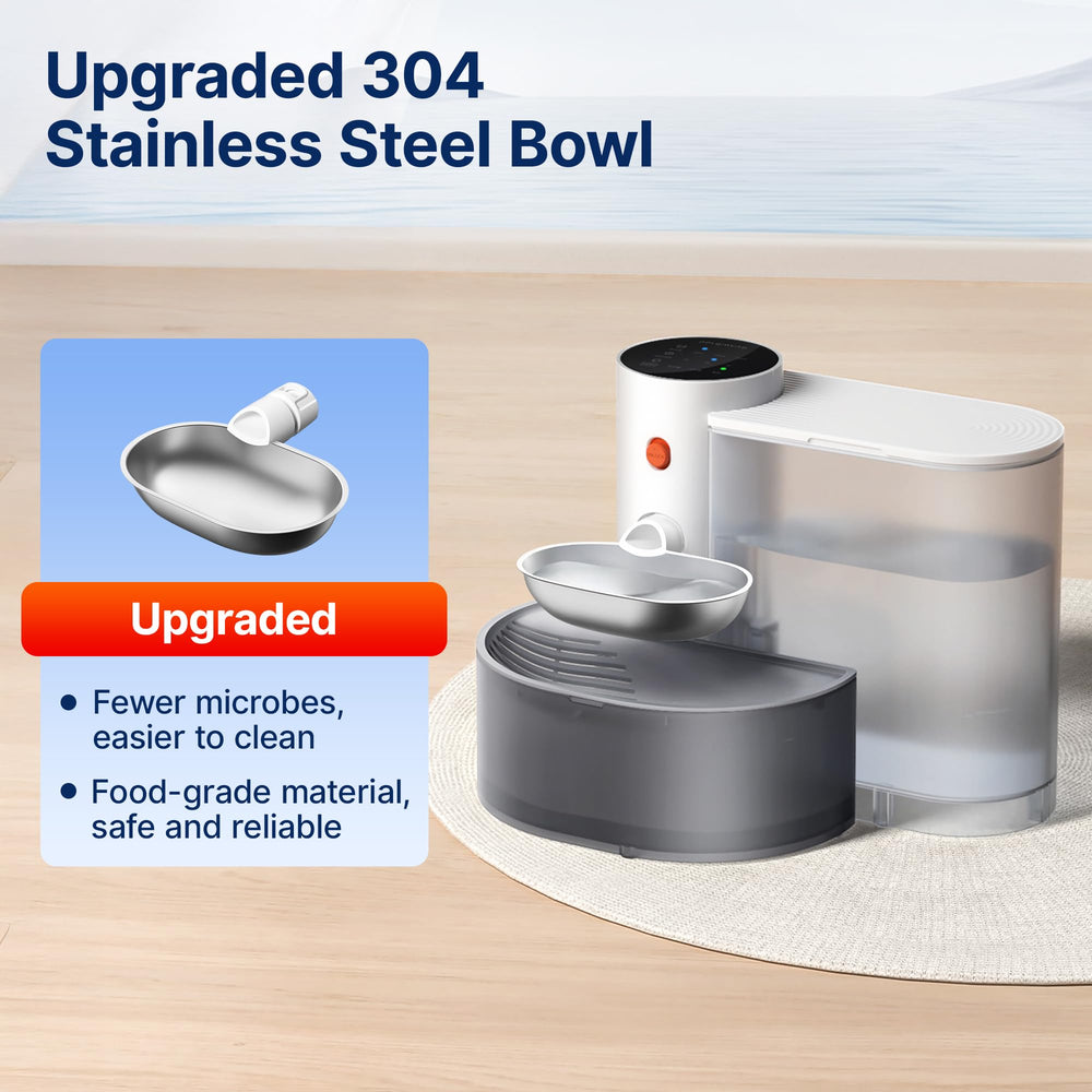 Potaroma stainless steel bowl close-up highlights durable, easy-to-clean materials for pets.