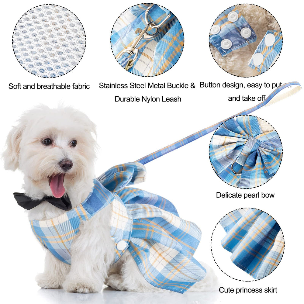 Potchen plaid bow tie harness navy blue, versatile pet dress
