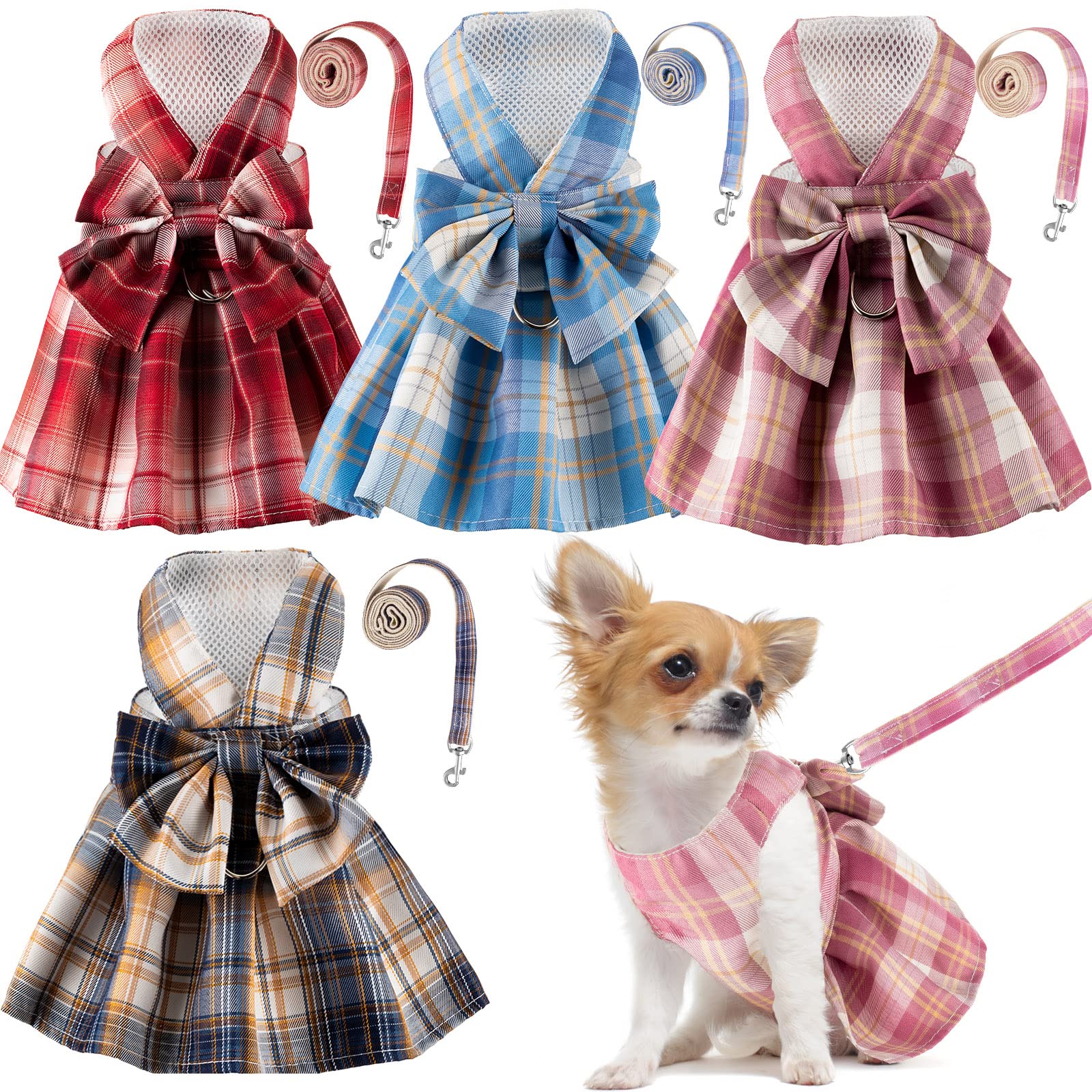 Potchen plaid dress harness pink on a small dog, ideal for cute photos and daily wear.