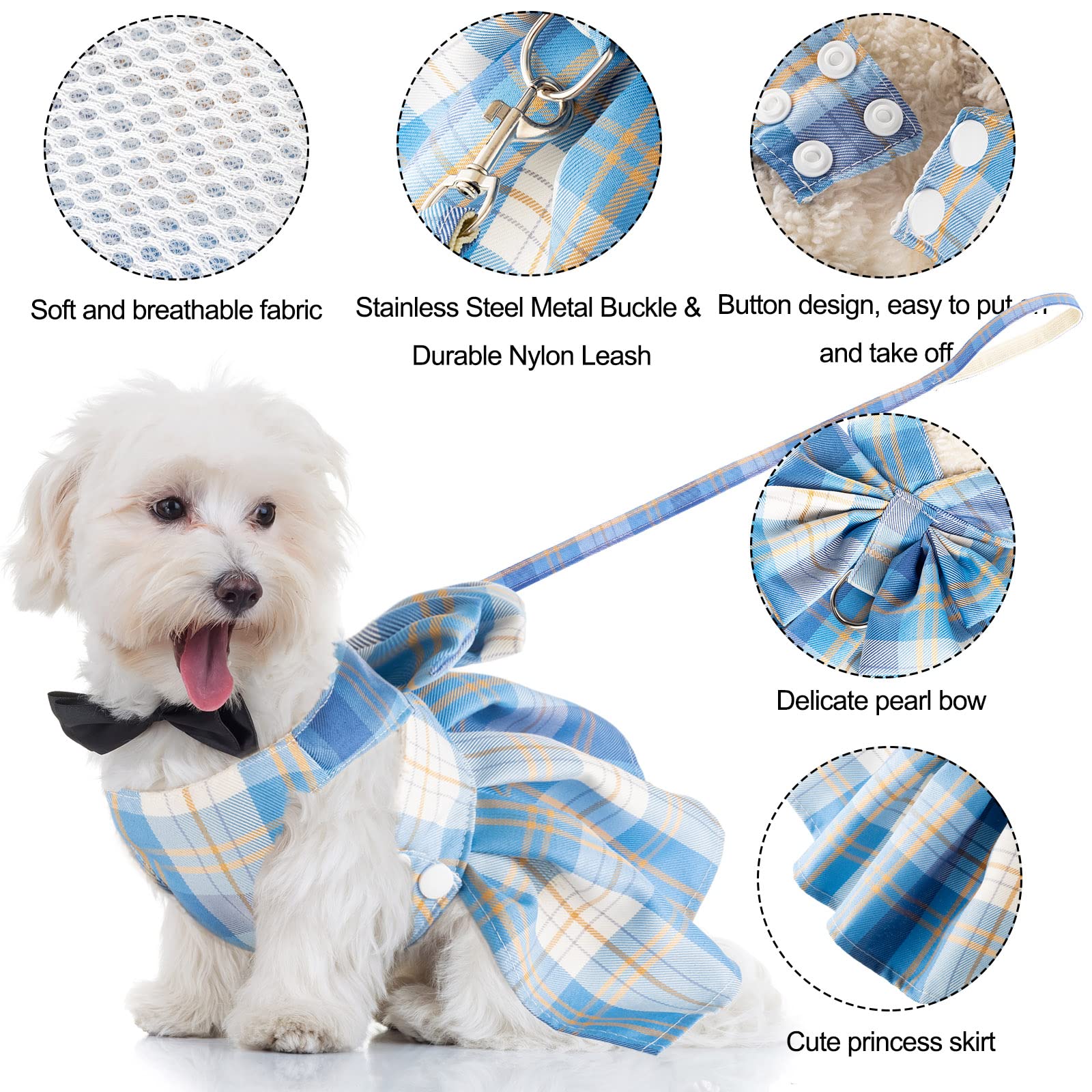 Potchen plaid bow detail close-up with secure leash attachment