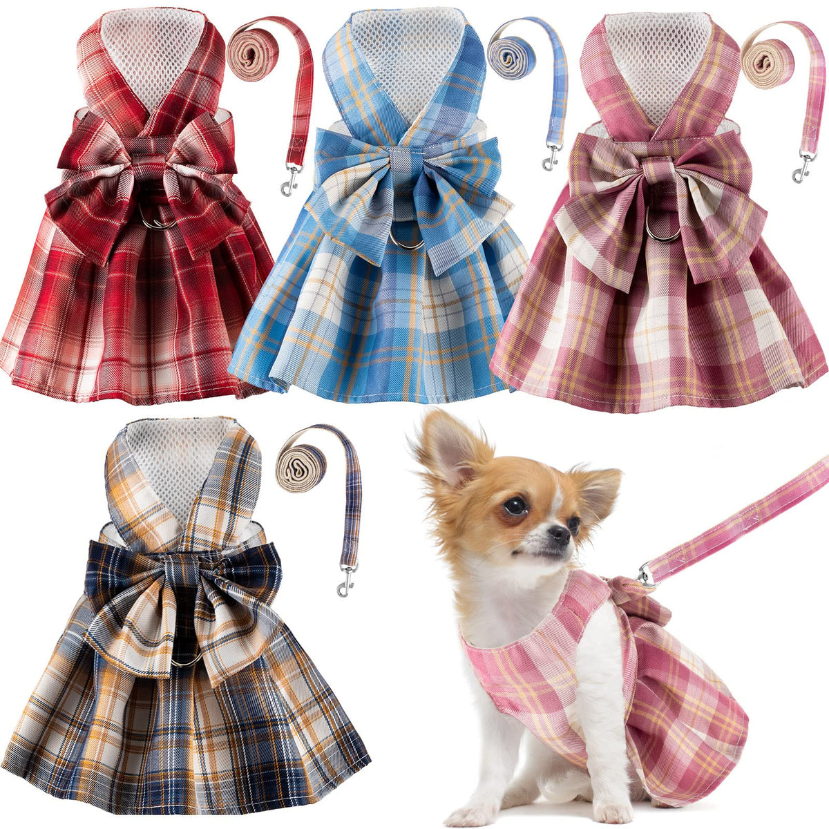 Potchen plaid dog dress pink front view with bow harness for daily wear